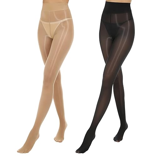 MANZI Women Oily Tights Shiny Gloss Pantyhose 15D 2 Pairs - S-M - Black-1 Pairs,Nude-1 Pairs