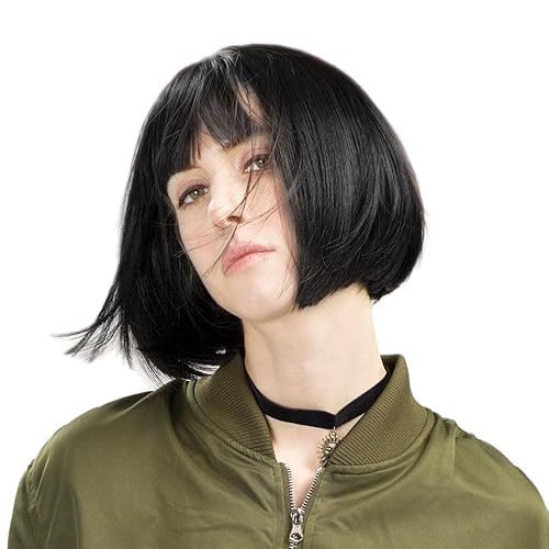 REECHO 11" Short Bob Wig with bangs Synthetic Hair for White Black Women Color: Black - 11 Inch (Pack of 1) - Black