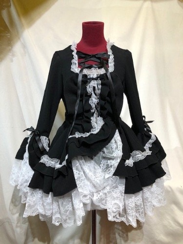 【MARBLE】マーブル　編み上げ総フリルドレスワンピース:黒×白レース | Default Title