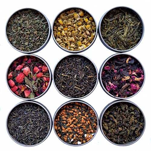 Heavenly Tea Leaves 9 Flavor Variety Pack, Loose Leaf Tea Sampler (Approx. 90 Cups of Tea) - High to No Caffeine, Great Hot or Iced, Assortment of Green Tea, Herbal Tea, Black Tea, & White Tea - 9 Flavor Variety Pack