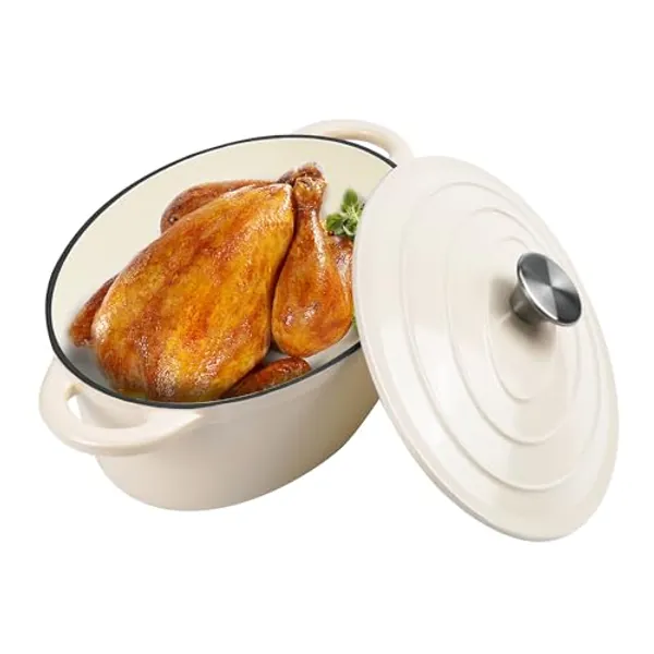 Kerilyn 4.5 QT Enameled Oval Dutch Oven Pot with Lid and Dual Handles, Cast Iron Dutch Oven for Cooking, Bread Baking, Non-stick Enamel Coated Cookware (Beige)