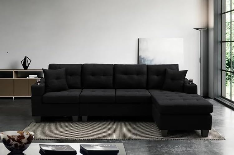 Reversible L-Shape Corner Sectional Tufted Linen Fabric Sofa Couch with Built-in Arm Cup Holder and Chaise Lounger (90" L x 57.5" W x 34”H) (Black) - Black