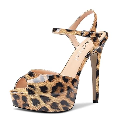 Aachcol Women Platform Sandals Ankle Strap Peep Open Toe Stiletto High Heel Slingback Dress Shoes 5 Inches - 5 - Brown Leopard