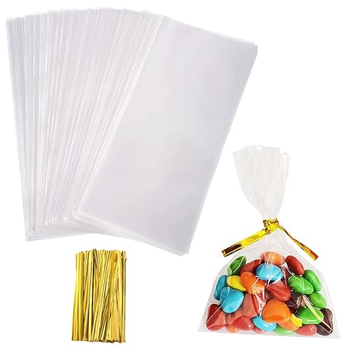 Cellophane Treat Bags, 5x7 Inches Clear Cellophane Bags With Twist Ties 100 Pcs - 5x7
