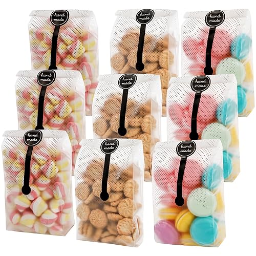 Jucoan 200 Pcs Plastic Cookie Bags with 200 Stickers, 3.5 x 9 Inch Cellophane Treat Bags for Easter Cookies Packaging, Candy, Pastry, Popcorn, Baby Shower, Wedding, Party Favors, Gift Giving