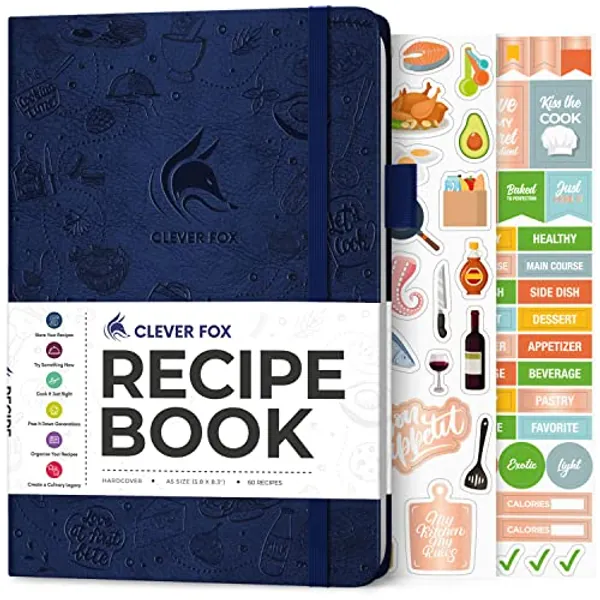 Clever Fox Recipe Book – Make Your Own Cookbook Blank Pages – Empty Notebook to Write in Recipes – Unique Cooking & Baking Gifts, A5, Dark Blue