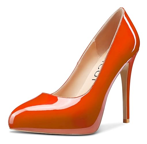 Aachcol Women Stiletto Pumps Hidden Platform Close Round Toe High Heel Slip-on Office Wedding Party Dress Shoes 5 Inch - 5 - Orange Patent