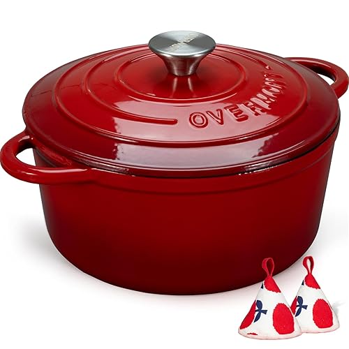 Overmont Enameled Cast Iron Dutch Oven - 5.5QT Pot with Lid Cookbook & Cotton Potholders - Heavy-Duty Cookware for Braising, Stews, Roasting, Bread Baking red - Cherry red - 5.5 Quart