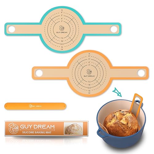 GUYDREMAT Bread Sling - Perfect Silicone Baking Mat for Sourdough Bread Baking – Superior Cast in Iron Dutch Oven Liner, 2 Pieces with Storage Band in GUY DREAM Classic Pack - 20.8"L x 8.3"W - Green & Orange