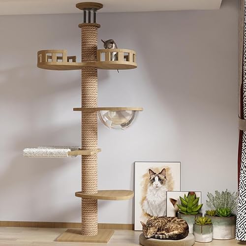 Wooden Large Cat Tree Floor to Ceiling Cat Tower Height Adjustable， Floor to Ceiling cat Tree ， Space Capsule, Natural Sisal Rope Scratching Post, Cozy Bed (Ex Large) (Large)