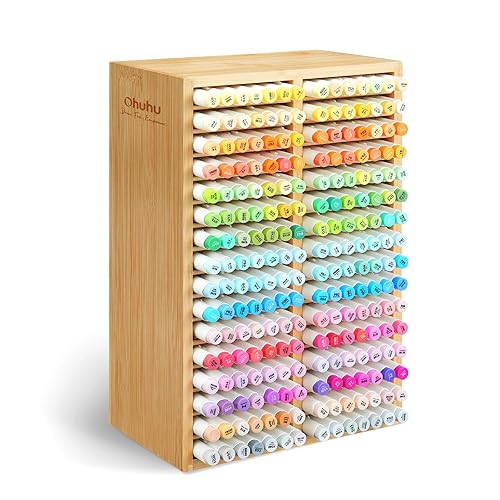 Ohuhu Bamboo Marker Organizer, Wooden Desktop Storage Hold 224 Markers, Markers Pens Pencils Art Brushes Stationary Organizer Pencil Holder with 32 Compartments for Home Classroom Office Decor - Hold 224 Markers