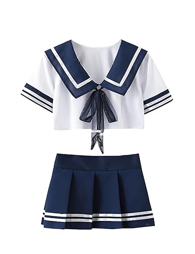 365-Shopping Cosplay Schulmädchen Dessous Outfit Mini Sailor Anzug mit Strümpfen - 3-teiliges Set - Dunkelblau