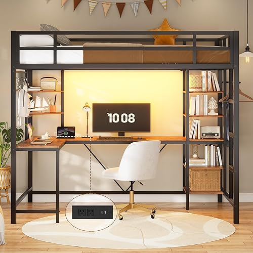 AOGLLATI Loft Bed Twin Size with Charging Station, Twin Loft Bed with Desk,LED Lights,Storage Shelves,Clothing Rail, Metal Loft Bed with Safety Guard & Ladder, Space-Saving, Noise Free, Black (Black) - Black