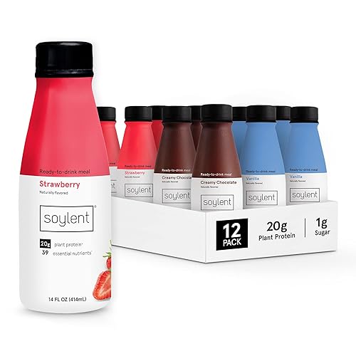 Soylent Complete Nutrition Gluten-Free Vegan Protein Meal Replacement Shake Neapolitan Variety Pack, 14 Oz, 12 Pack - Creamy Chocolate / Vanilla / Strawberry - 14 Fl Oz (Pack of 12)