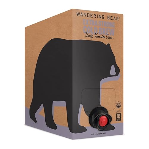 Wandering Bear Extra Strong Organic Vanilla Chai Cold Brew Coffee On Tap, Iced Coffee, 96 fl oz - Smooth, Unsweetened, Shelf-Stable, Ready to Drink, Vanilla Chai Coffee - Dirty Vanilla Chai - 96 Fl Oz (Pack of 1)