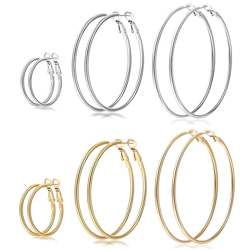 Senteria Large Gold Hoop Earrings for Women Girls Stainless Steel Hoop Earrings Set Thin Gold Hoop Earrings Lightweight(30MM 40MM 50MM 60MM 70MM) - 6pairs(30/60/70mm)-gold+silver