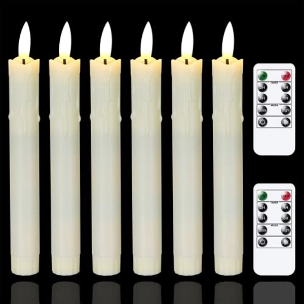 Mavandes Flameless Flickering Taper Candles Two Remote, 7.5 Inch Ivory Battery Operated LED Window Candles Timer,Set of 6 Plastic 3D-Wick Dripping-Wax Effect Flameless Candlesticks(0.86” Dia,Warm Fire)