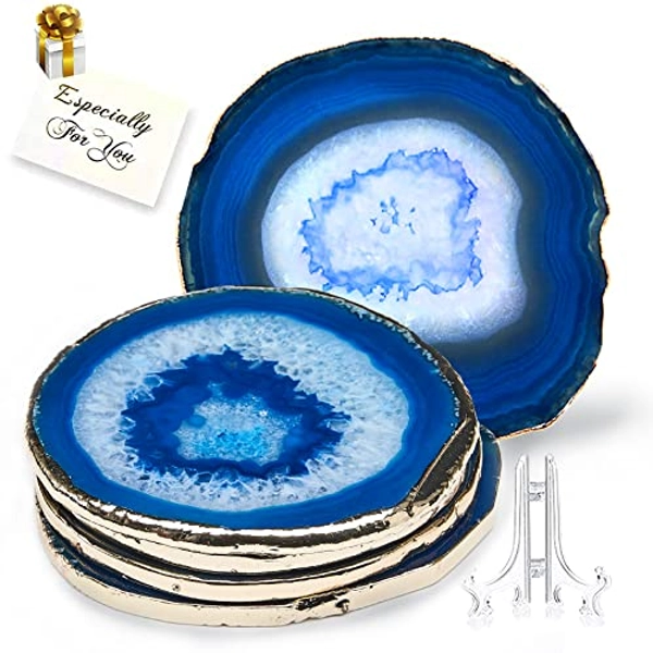 Blue Agate Coasters Set of 4,Large Geode Coaster for Drinks 4.5"-4" Gemstone Natural Stone Coaster Agate Slices Coaster Cup Mat for Home Decor by Yougoals, Suitable for Coffee Table, Wooden Table