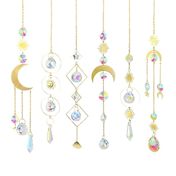 6 Pieces Crystal Suncatcher Hanging Set, Rainbow Sun Catcher with Chain Pendant Ornament Crystal Balls for Window Home Wall Tree Cars Hanging Decoration