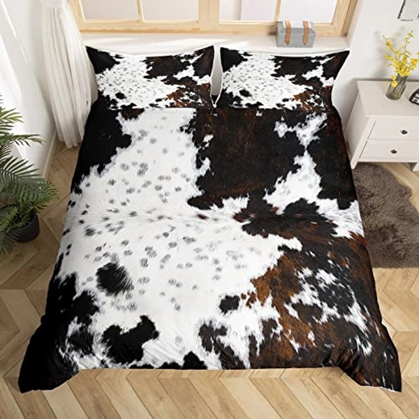 Cowhide Printed Duvet Cover Full Size, White Black Brown Cow Bedding Set 3Pcs for Kids Teen Adult Room Decor, Abstract Animal Skin Print Comforter Cover Farmhouse Quilt Cover with 2 Pillowcases