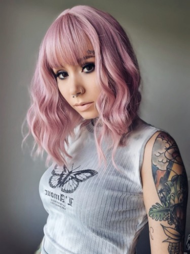 Dazzle baby pink bob length wig with bangs
