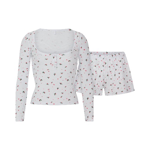 WAFFLE LONG SLEEVE HENLEY AND SHORT SET | CLOUD HOLLY PRINT