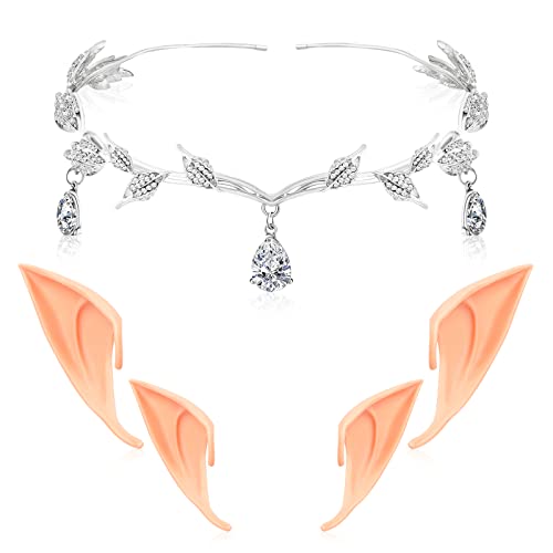 Crystal Tiara Crown and Elf Ears, Rhinestone Hair Jewelry Accessories, Wedding Bridal Crown Headband, Fairy Pixie Elf Ears