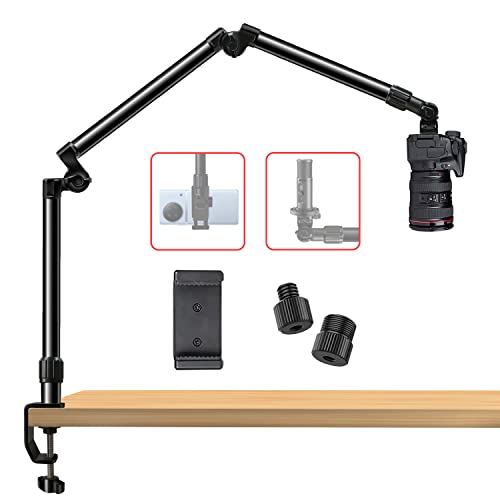 Overhead Camera Mount Desk Stand, Bearing 18lb, Base& Top 360° Adjustable, with 1/4“ 3/8" 5/8" Screw, 3-Section Flexible Articulating Metal Arm for DSLR Camera/Webcam - Articulating Metal Arm