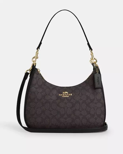 Gold/Walnut/Black Teri Hobo Bag In Signature Canvas