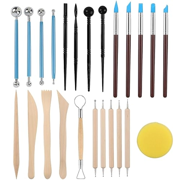 RUBFAC Polymer Clay Tools, Clay Tools Kit, 24pcs Clay Sculpting Tools Set with Stylus and Rock Painting Kit - Air Dry Clay Modeling Tools for Pottery and Sculpture