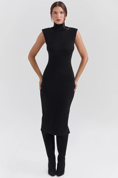 Gaia Black Cashmere Blend Turtle Neck Midi Dress