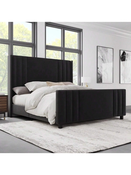 Platform Bed Frame, Upholstered Bed With Vertical Channel Tufted Wingback Headboard & Footboard, Premium Velvet, No Box Spring Needed