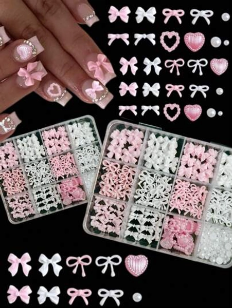 Pink White Resin Bow Nail Charms 