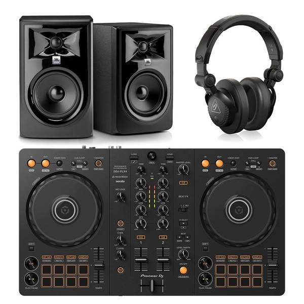 Pioneer DDJFLX4 Pack w/ JBL LSR305P MKII Monitors & Behringer HC200 Headphones