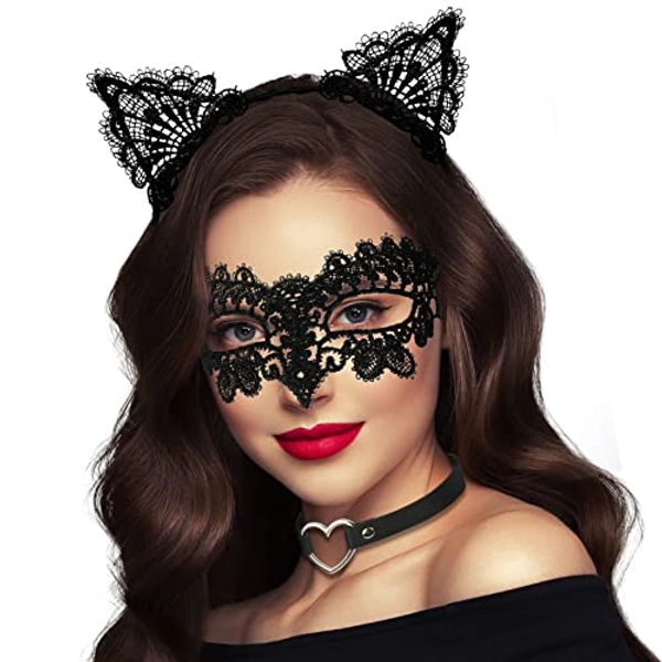 Takmor Lace Masquerade Mask for Women, Black Masquerade Mask for Women Cat Mask Cat Ear Headband with Heart Choker