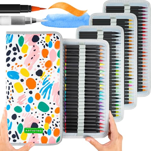 ARTISTRO 100 Watercolor Markers with Brush Pens, Fineliner Pen, Watercolor Brush, & Portable Fabric Bag - Consistent, Smooth, Washable, Non-Toxic - Ideal for Coloring, Calligraphy, & Manga - 100 Brush Tip