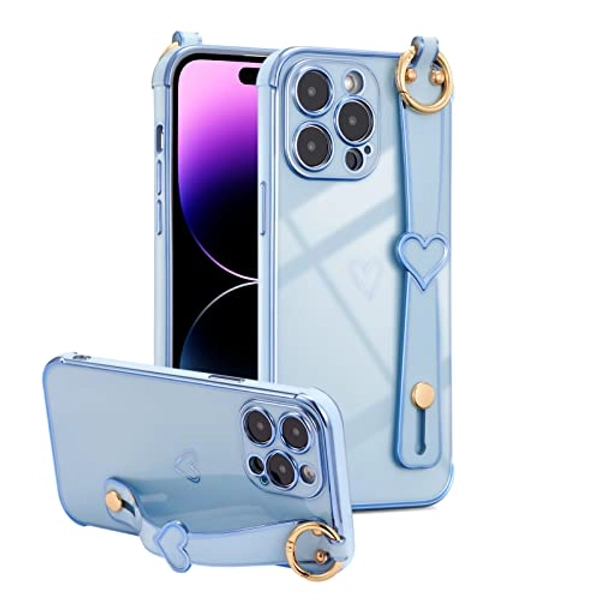 ZTOFERA Compatible with iPhone 13 Pro Case with Wrist Strap, Flexible Silicone Protective Phone Case with Cute Heart Pattern Stand Handle Finger Holder Plating Trim Shockproof Cover, Sierra Blue