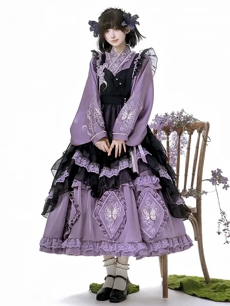 **Purple Delicate Butterfly and Floral Embroidery Crossover Neckline Han Lolita Dress