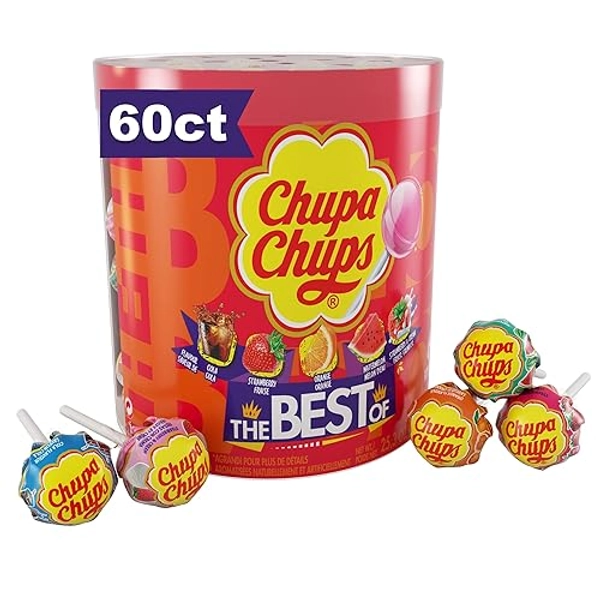 Chupa Chups ‘Best Of’ Candy Lollipop Variety Assortment, 5 Flavors, Individually Wrapped, Bulk Holiday Christmas Party Favors for Adults & Kids, 25.3 oz Drum (60 Suckers)