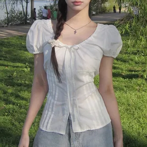 Puff Sleeve Scoop Neck Plain Bow Accent Panel Slim-Fit Button-Up Shirt