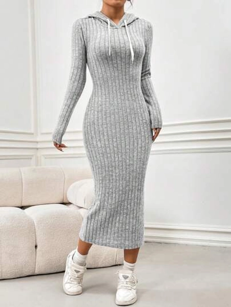 Flirla Fleece Hooded Lange Geribbelde Jurk Voor Vrouwen, Dames Casual Trekkoord, Ribgebreide Lange Mouw Capuchon Slim Fit Lange Grijze Normale Mouw Effen Bodycon Vrouwen Lange Jurken, Lente/Herfst, Casual Dagelijkse Dragen Maxi Vrouwen Outfit