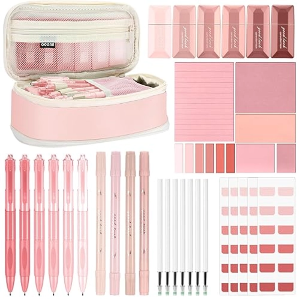 Janlaugh 38 Pcs Aesthetic College School Supplies with Pen Case Sticky Notes Gel Pens Highlighters Correction Tapes Back to School Stationery Kit Valentines Day Gift Students(Pink Color,Classic)