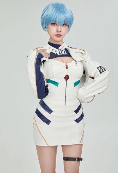EVA Derivative Casual Outfit White Short Dress and Jacket with Mesh Top Set Cosplay Costume