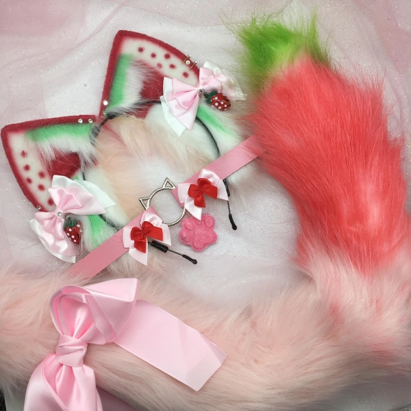 Pink Green White Cosplay Kitten Cat headband Ears Tail Choker Collar Paw Costume Halloween necklace Fox wolf puppy dog