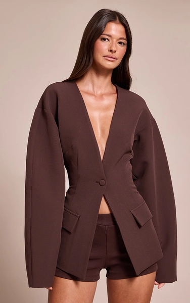 Chocolate Cocoon Sleeve Cinched Waist Pocket Blazer