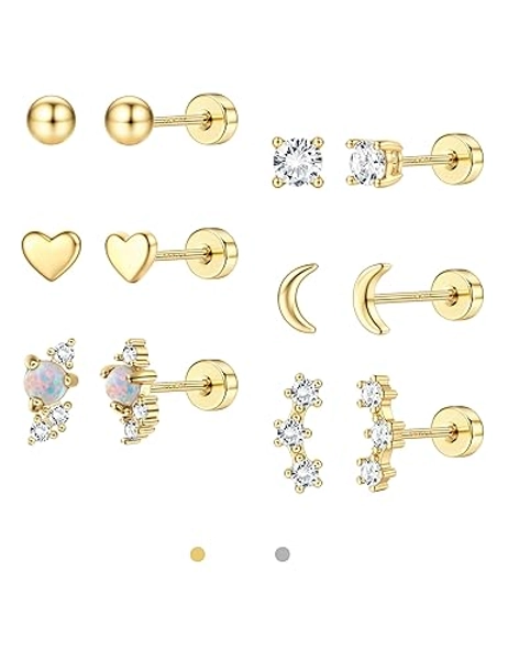 LOLIAS Dainty Hypoallergenic Flat Back Stud Earrings for Women Trendy | 14K Gold Filled Cartilage Earring Helix Conch Tragus Piercing Jewelry | Small Surgical Stainless Steel Earring Sets 20G