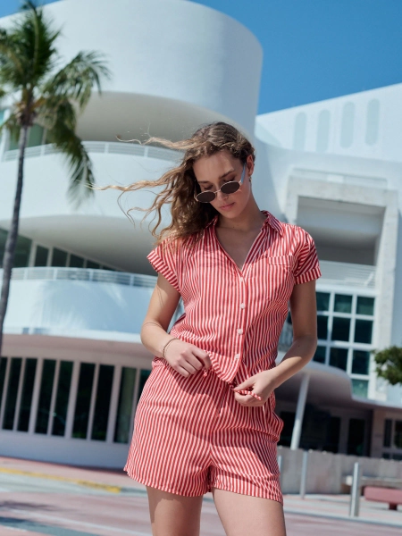 Red/White Stripe Elasticated Tie Waist Shorts with Linen