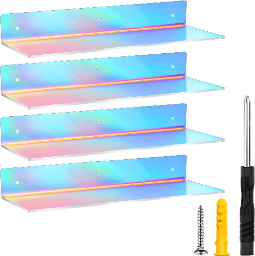 Rainbow Iridescent Acrylic Shelves Floating Wall Ledge Bookshelf Wall Mounted Shelf Display Organizer for Kids Room Bathroom Bedroom Living Room Nursery Office Kitchen (4 Pieces) - 4