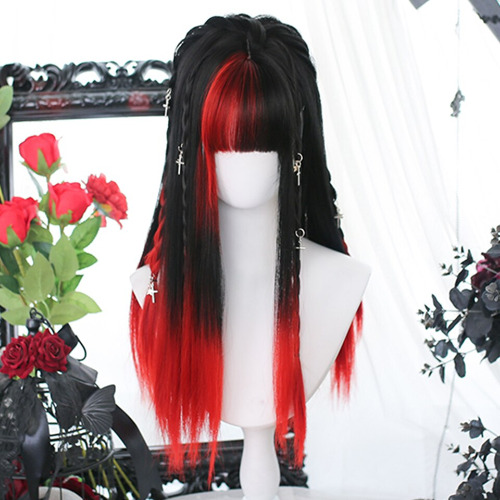 Synthetic Long Straight Hair Red Black Gradient Hair Lolita Cosplay Party Heat Resistant Wig for Women