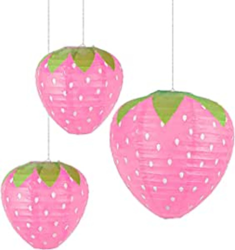 3Pcs Pink Strawberry Party Lantern Decorations Fruit Themed Party Decor Strawberry Birthday Baby Shower Decorations for Girl Hungry Caterpillar Party Supplies Hanging Ornaments